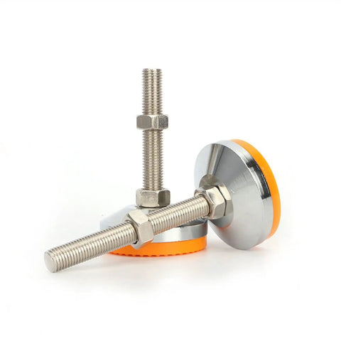 Built Tough Heavy Duty Carbon Steel Leveling Feet With M10 X 80 Millimeter Threads And Orange Grip Pads shown with bolts.