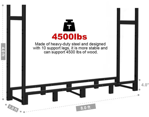 Diagram of Beefy Heavy Duty Firewood Rack Eight Foot Outdoor Storage Stand, showing 10 support legs and 4500 lbs capacity.