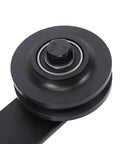 Close-up of a black wheel from the Carbon Steel Sliding Door Track Rail Pulley Wheel Roller Set 2 Pack for Kitchen Bedroom Wardrobe