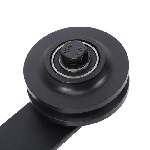 Close-up of heavy-duty carbon steel Two Pack Sliding Door Track Rail Pulley Wheel Rollers Barn Door Hardware Kit