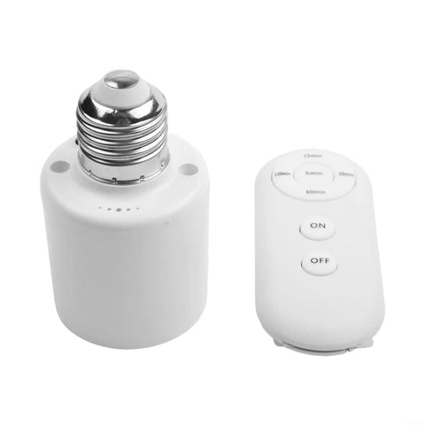 E27 Motion Sensor Lamp Holder With Remote Control, Hands Free Auto On Off Lighting, Adjustable Brightness Infrared Socket For Hallways, Garages, And Closets. White E27 lamp holder with remote shown front and back