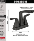 Diagram of Vesna Matte Black 4 Inch Centerset Bathroom Faucet With Drain Assembly And Worry Free Drain Catch dimensions and installation details.