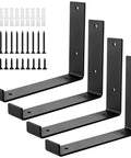 Heavy Duty Four Pack Shelf Brackets With Secure Upward Hook Industrial L Shape Black Corner Mounts For Wall Shelves, includes screws.