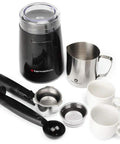 Badass 15 Bar Espresso Machine And Cappuccino Maker With Slick Milk Steamer And Hella Easy 7 Piece Barista Bundle Featuring Quick Grinder And Dual Cups For No Sweat Latte Prep And Knockout Drink Quality Daily In Blue: black coffee grinder, stainless steel frothing pitcher, dual espresso cups, and accessories.