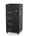 Black salon trolley cart with five drawers, three tool holders, adjustable shelf, raised edge top, mobile storage cabinet.