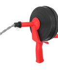 65 Manganese Steel Drain Auger Heavy Duty Pipe Snake with black reel and red handle for clearing stubborn clogs.