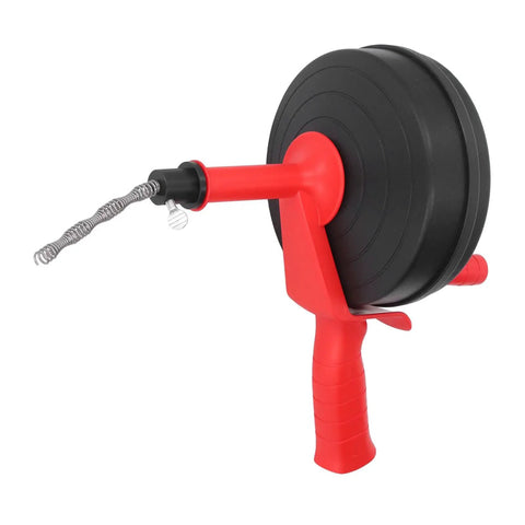 65 Manganese Steel Drain Auger Heavy Duty Pipe Snake with black reel and red handle for clearing stubborn clogs.