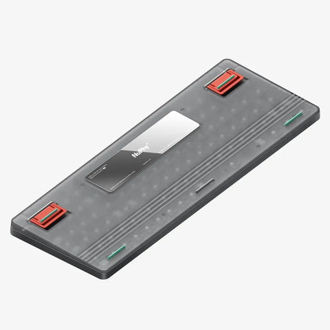 Ultra Slim Wireless Mechanical Keyboard With 100 Keys And Custom RGB Backlit Lighting Featuring Bluetooth Five Point One And Fast Wired Modes For Pcs Mac Laptops In Sleek Grey With Smooth Gateron Aloe Switches That Hit Different Daily top view of keyboard base with metallic finish and rubber feet.