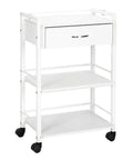 Front view of Rolling Salon Trolley Cart With Wheels And Two Open Trays Plus A Drawer Wooden Mobile Storage Station For Beauty Spa