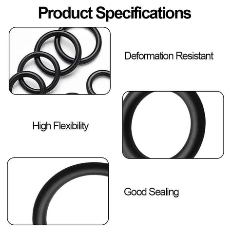 O-ring kit: 225 black rubber rings in 20 sizes for plumbing and mechanical seal repair; collage views.