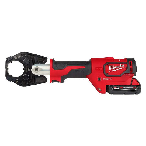 M18 Force Logic Cordless Lithium Battery Hydraulic Wire Crimper Kit With 600 Mcm Copper And 750 Mcm Expanded Jaw, side view.