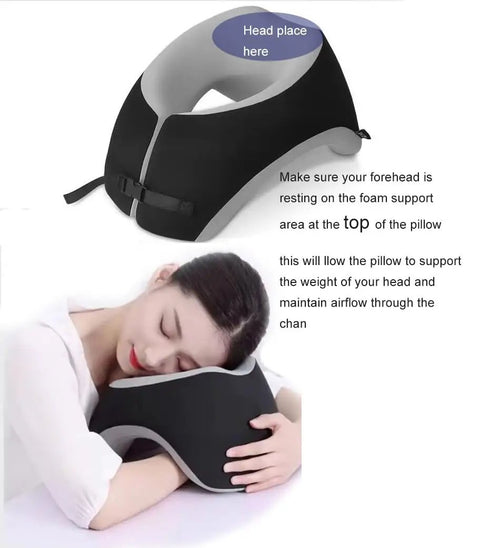 Woman using Ultimate Face Down Pillow For Prone Rest And Travel Comfort, Ergonomic Head And Neck Support for desk napping.