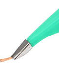 Close-up of Flux Solder Wick Desoldering Braid For PCB Cleaning And Repair, Brass Flat Braided Wire tip in green handle, 2 meters long, 3.0 mm wide.
