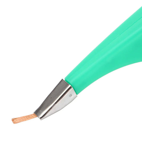 Close-up of Flux Solder Wick Desoldering Braid For PCB Cleaning And Repair, Brass Flat Braided Wire tip in green handle, 2 meters long, 3.0 mm wide.