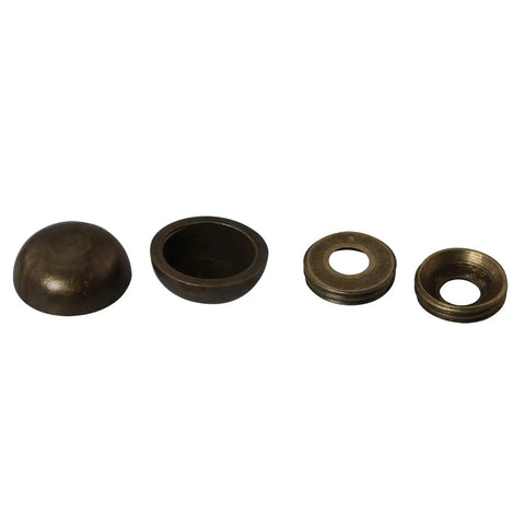 Top Shelf Eight Piece Set Of Real Pure Brass Decorative Mirror Screws With Bronze Cap Covers To Hide Heads For A Clean Look And Rock Solid Self Tapping Fasteners showing bronze cap covers and washers.