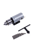 Compact Mini Drill Press And Bench Lathe Tool Set With Keyless Chuck Electric Motor, includes motor and twist drills for DIY projects.