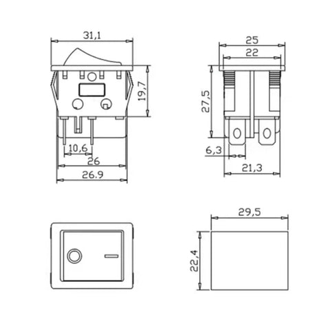 Technical drawing of High Power 40A250V Ship Type Welding Machine Switch with dimensions for industrial use.