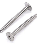 Fifty Pack Of Number 10 By 2 Inch Phillips Wafer Head Self Drilling Screws Crafted From Tough 410 Stainless Steel, showing two screws.