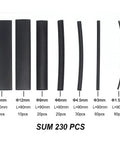 Pro Grade Heat Shrink Tubing Assortment Kit 230 Pieces In 1.5-15 mm Diameters, 3 to 1 Shrink Ratio, Black Tubes Display