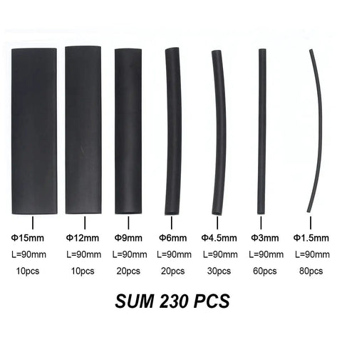 Pro Grade Heat Shrink Tubing Assortment Kit 230 Pieces In 1.5-15 mm Diameters, 3 to 1 Shrink Ratio, Black Tubes Display