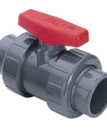 3 Inch True Union PVC Schedule 80 Ball Valve EPDM Sealed Socket Mount in grey with red handle for liquid service and high pressure.
