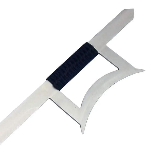 Twin Hook Sword Set For Kung Fu Wu Shu Training, close-up of cord-wrapped grip and hook detail, 440 black stainless steel blade