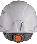 Front view of Hard Hat With Rechargeable Headlamp Mounts Front And Back Cap Style Vented Shell Padded Self-Wicking Odor-Resistant Sweatband White