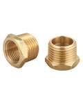 Brass pipe reducer hex bushing, 3/4 in male to 1/2 in female NPT, two-piece set