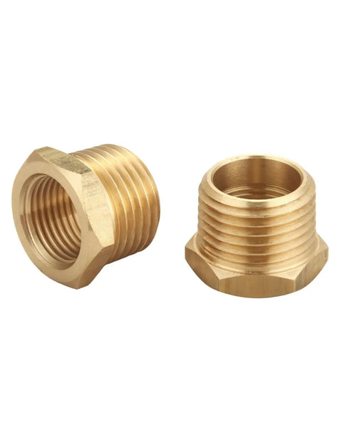 Brass Pipe Fitting Reducer Hex Bushing 3/4 NPT Male To 1/2 NPT Female Connector, 5 Piece Set, side-by-side view.
