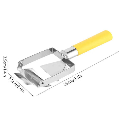 Stainless Steel Beehive Knife Scraper and Honey Uncapping Fork for Beekeeping Equipment, shown with yellow handle and size dimensions.