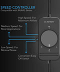 Speed controller for RAXIAL S4 Inline Booster Duct Fan 4 Inch with settings for high, medium, and low speeds.
