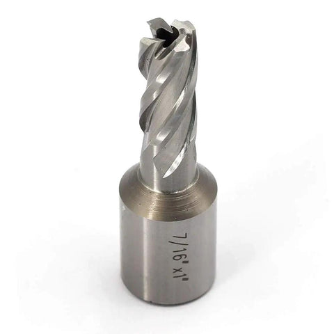Heavy Duty High Speed Steel Annular Cutter With Rock Solid Weldon Shank And One Inch Cut Depth Slices Through Steel Like Butter On Magnetic Drills Milling Machines 7 16 Inch, showing a close-up view of the cutter's tip.