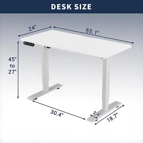 55 Inch Electric Height Adjustable Standing Desk Ultra Quiet Sit To Stand Work Table dimensions shown with height range of 27 to 45 inches.
