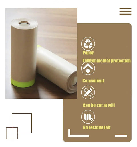 Pro Grade Pre Taped Masking Paper With Adhesive, 20 Inch By 50 Feet Painter Paper Roll shown on wooden surface with product features.