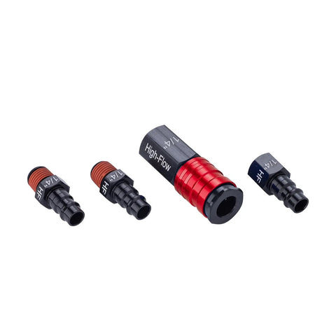 4-piece aluminum high-flow fittings kit; red and black fittings, 1/4-in NPT threads (front view)