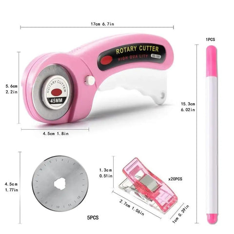 Pink Rotating Cutting Tool Set With Five Extra Blades And Pens Ergonomic Handle Tools With Safety Lock And Twenty Sewing Clips