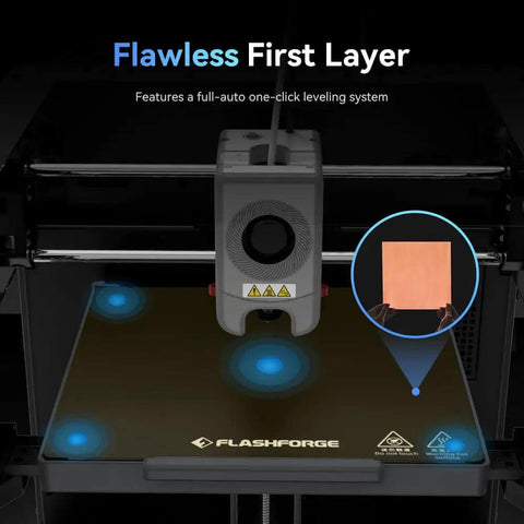 Adventurer 5M 3D Printer With Fully Auto Leveling System and CoreXY Structure, showcasing auto-level feature on print bed.