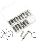 Super Slick Micro Screw Kit For Eyeglasses And Watches With Tiny Precision Drivers And Portable Keychain Clip includes tiny screws and drivers in a clear case.