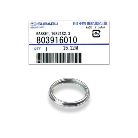 Subaru OEM crush gasket 803916010 for oil filter set WRX BRZ Outback Turbo 2015-2026, labeled and displayed.