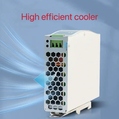 Side view of NDR120 24V DC DIN Rail Power Supply 120W 5A, 100 To 240 VAC Wide Input showing cooling and rugged DIN mount feature.