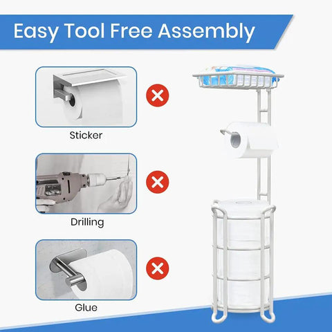 Freestanding Toilet Paper Holder With Top Shelf Storage For Mega Rolls Phone And Wipes Ivory White Nautical Style Bathroom Organizer Super Handy For Easy Reach with tool-free assembly instructions.