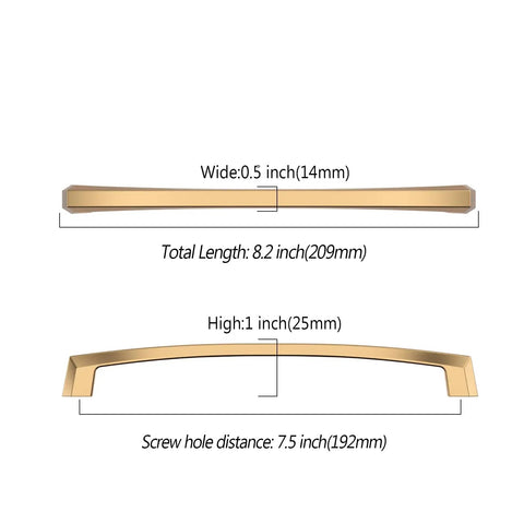 10 Pack 7.5 Inch Champagne Bronze Cabinet Pulls showing dimensions including 8.2 in length and 0.5 in width, solid metal