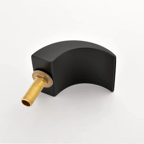 Roman Tub Faucet Matte Black Waterfall Filler spout, brass connector, showing side view of matte black finish and curved design.