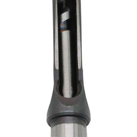 Close-up of rugged chuck adapter from Knockout Square Hole Drill Bit Set Covers Quarter To Five Eighth Inch Markings.