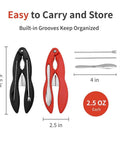 Two-Pack Crab Crackers And Tools Set With Built-In Cutter, black and red crackers, stainless steel picks, size details displayed