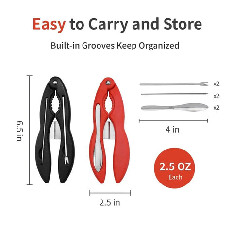 Two-Pack Crab Crackers And Tools Set With Built-In Cutter, black and red crackers, stainless steel picks, size details displayed