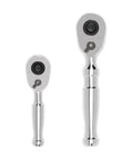 Flexible Head Ratchet Set With 1/4, 3/8, And 1/2 Inch Drives, Non-Quick-Release visible with shiny metal finish, two sizes shown