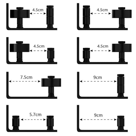 Sliding Barn Door Floor Guide And Wall Mounted Hardware with Flush Bottom Adjustable Stay Rollers Set of 2 showing 8 setup options.