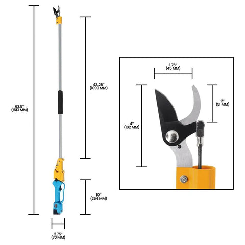 Top Notch Long Reach Cordless Pruner With Sixty Four Inch Pole and smooth operator slicing power for high branch trimming.