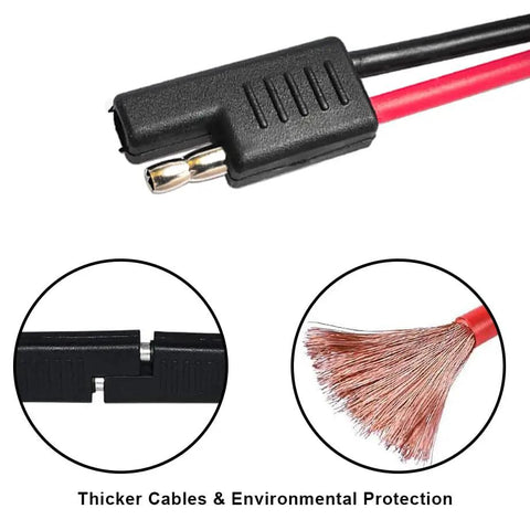 Close-up of 2 Pin Quick Disconnect SAE Wire Harness Connector with 12 inch 12 gauge cable featuring red and black leads.